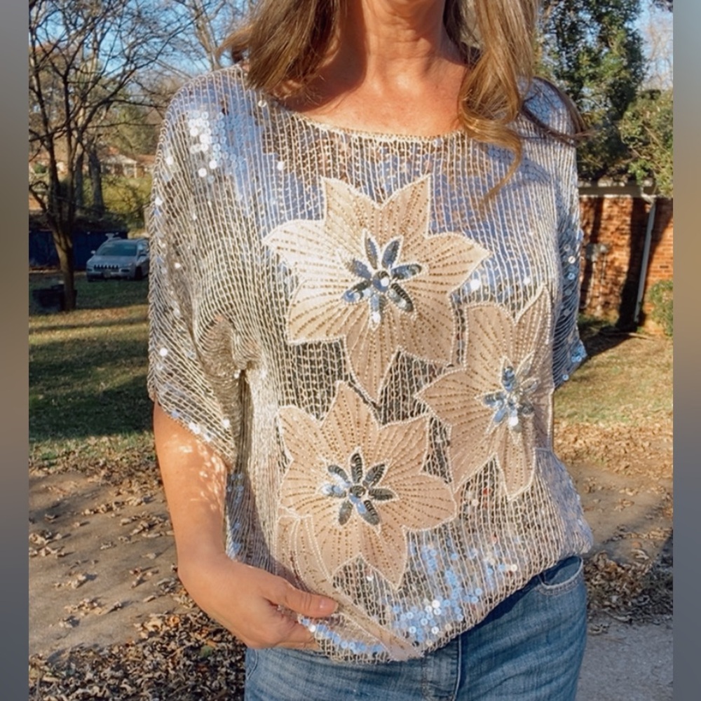 SOLD Vintage 80s silver and champagne sequin blouse